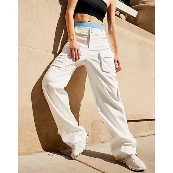 Free People Pants - Free People Movement Elevate Wide Leg Cargo Style White Cotton & Lyocell Pants